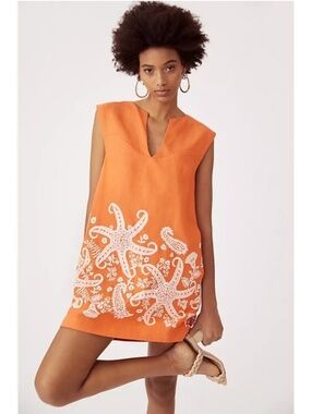 Maeve Anthropologie Orange Linen Blend Starfish Embroidered Shift Mini Dress 6
